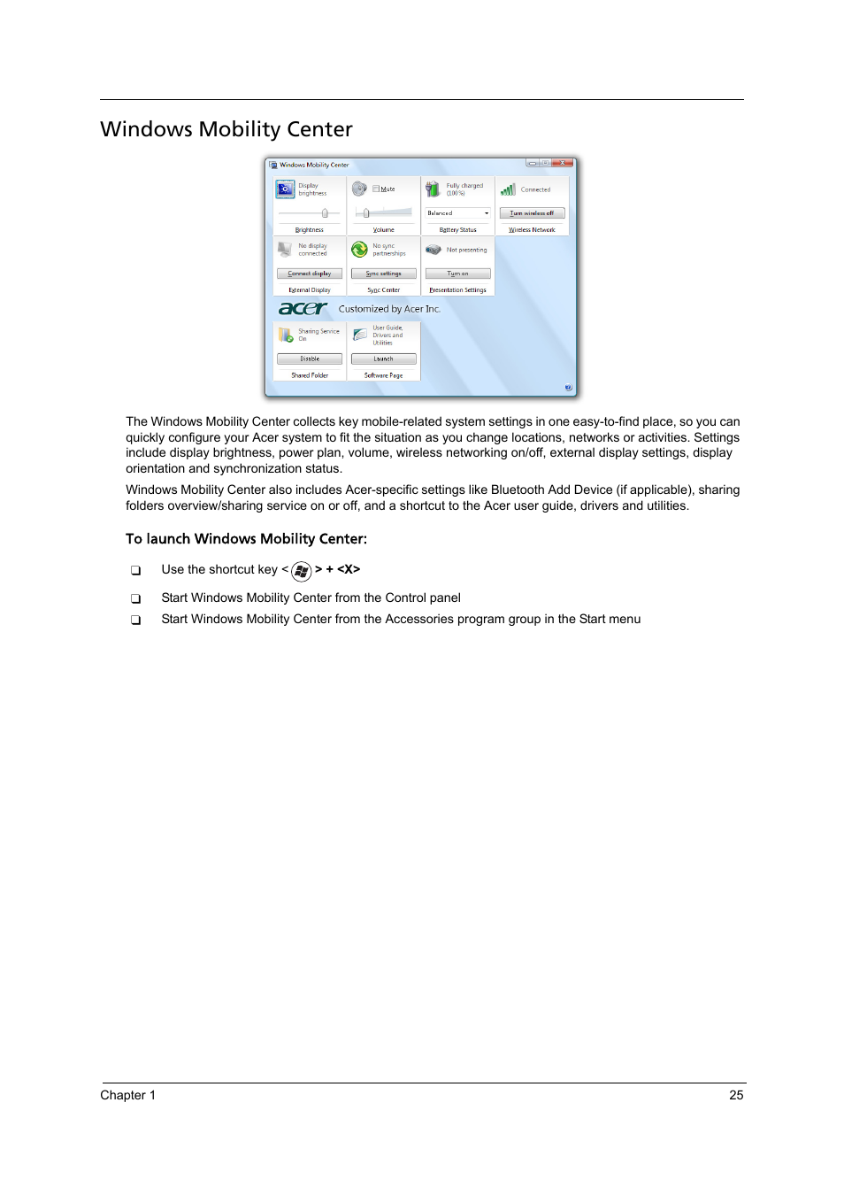 Windows mobility center | Acer 4715Z User Manual | Page 35 / 154