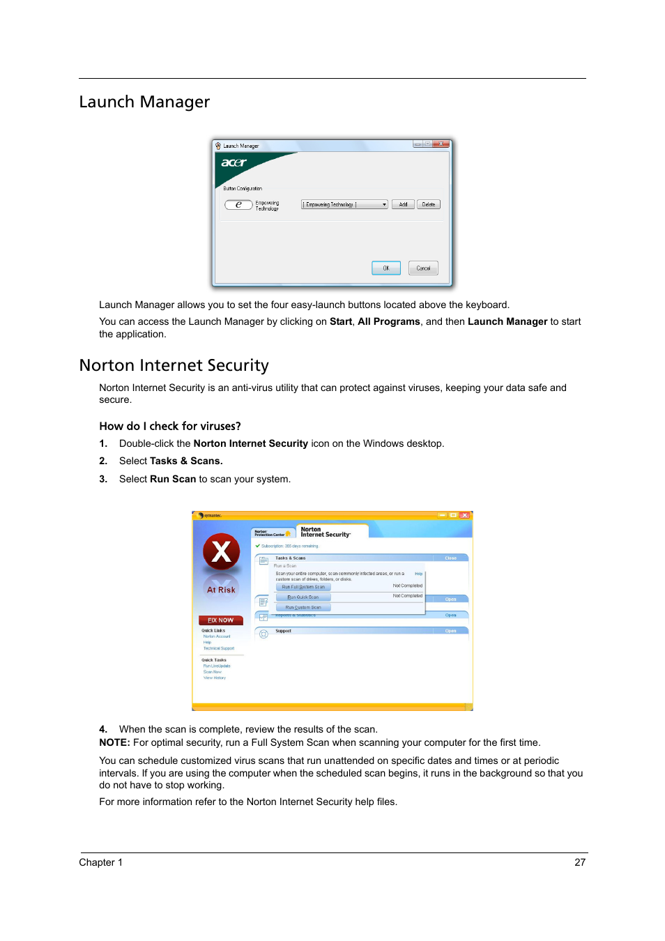 Launch manager, Norton internet security | Acer 4715Z User Manual | Page 37 / 154