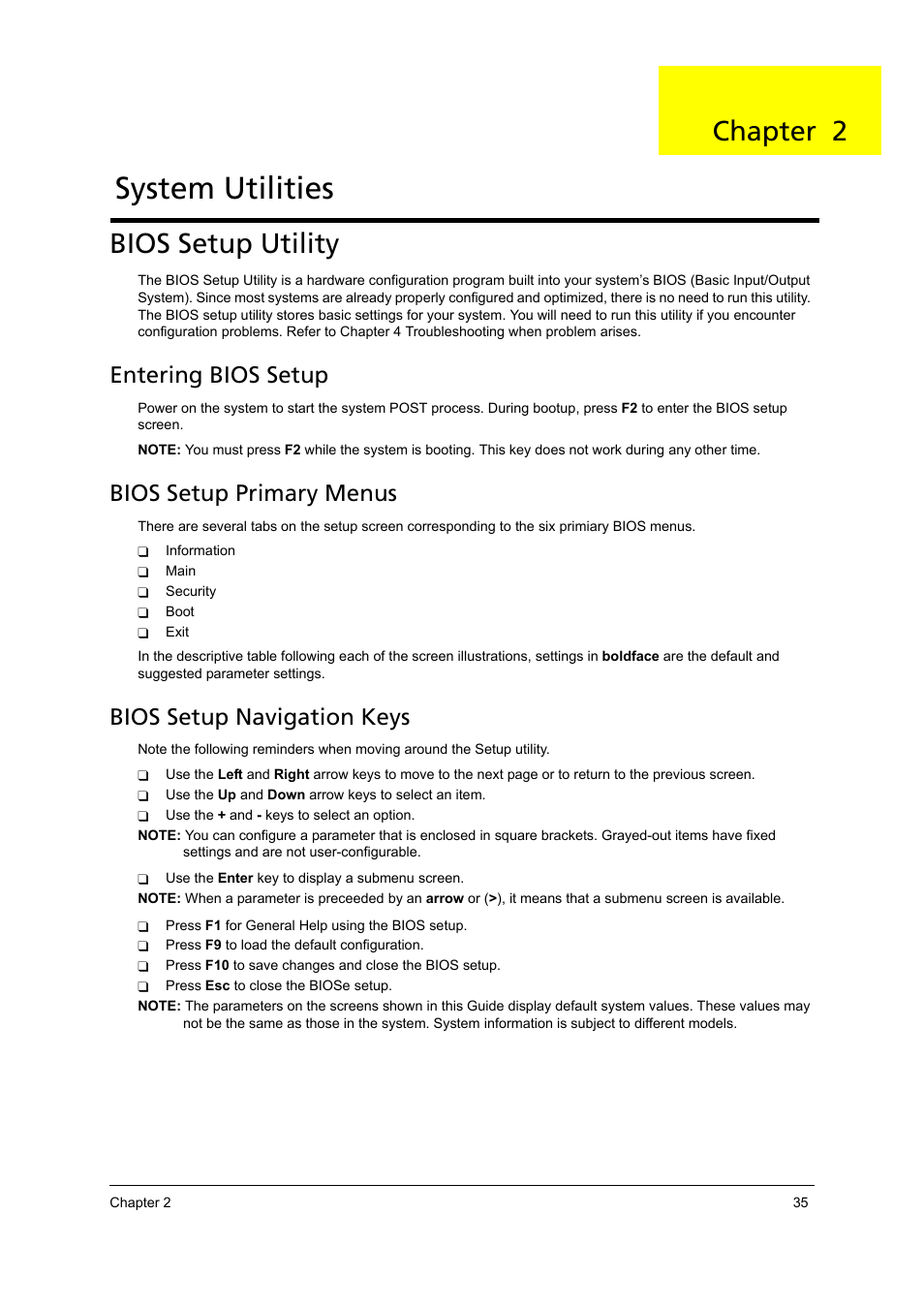 System utilities, Bios setup utility, Entering bios setup | Bios setup primary menus, Bios setup navigation keys, Chapter 2 | Acer 4715Z User Manual | Page 45 / 154