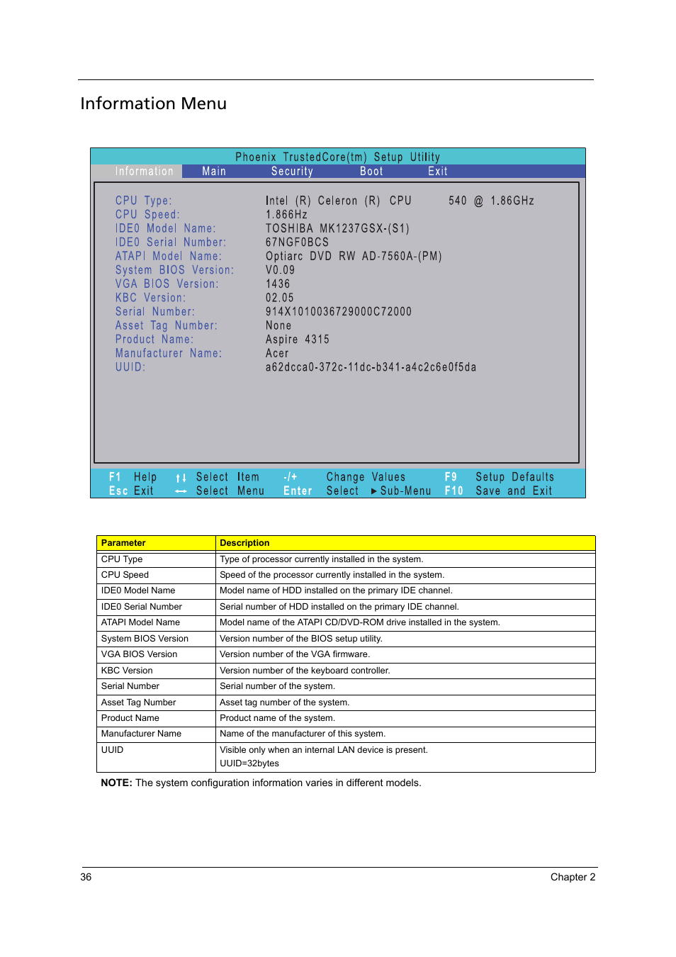 Information menu | Acer 4715Z User Manual | Page 46 / 154