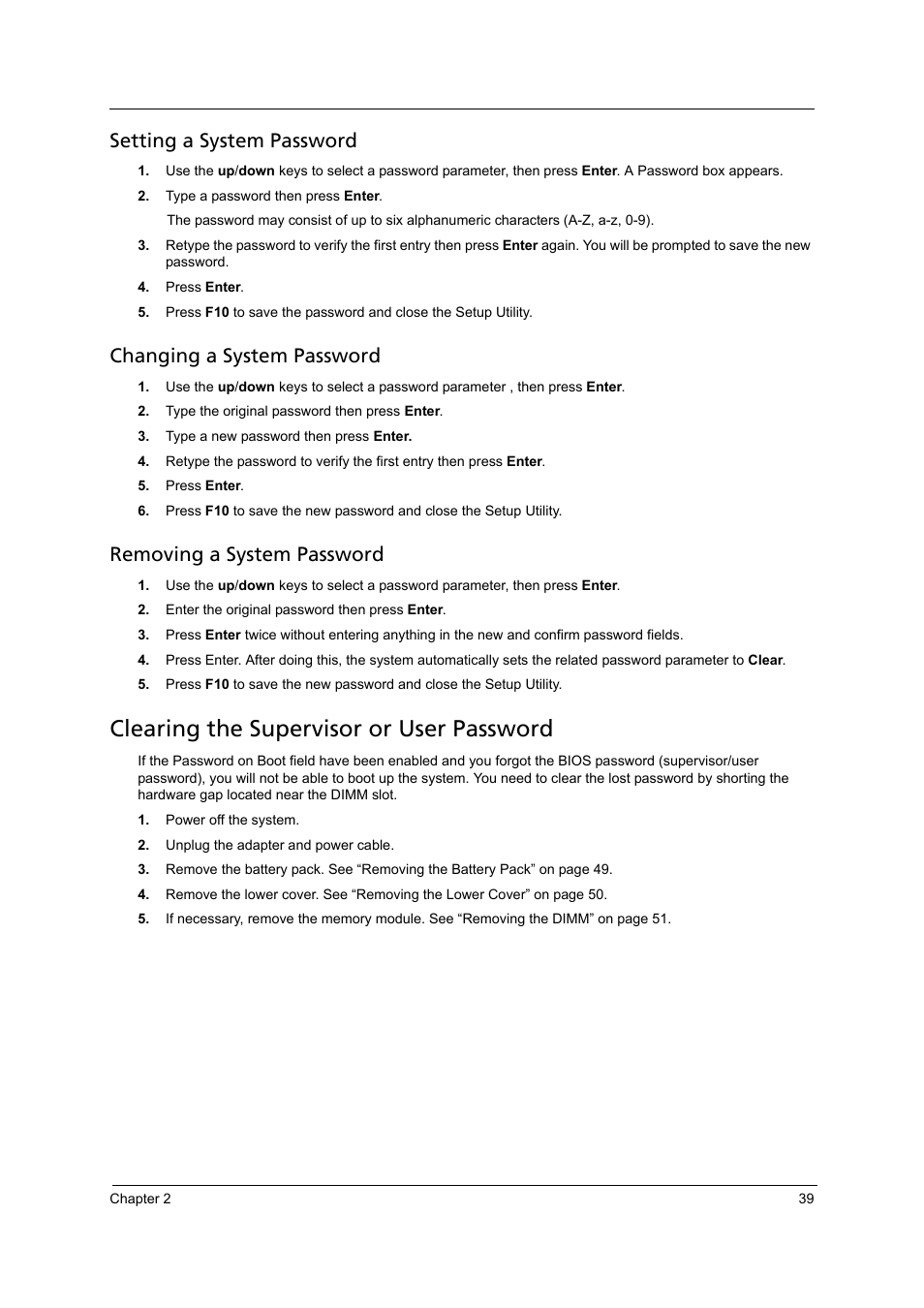 Clearing the supervisor or user password, Setting a system password, Changing a system password | Removing a system password | Acer 4715Z User Manual | Page 49 / 154