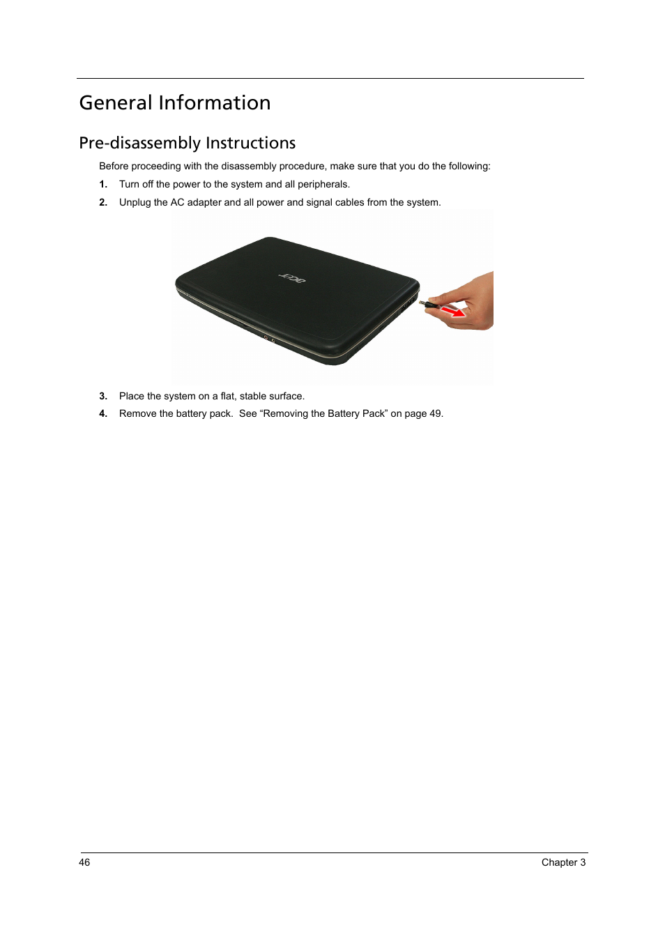 General information, Pre-disassembly instructions | Acer 4715Z User Manual | Page 56 / 154