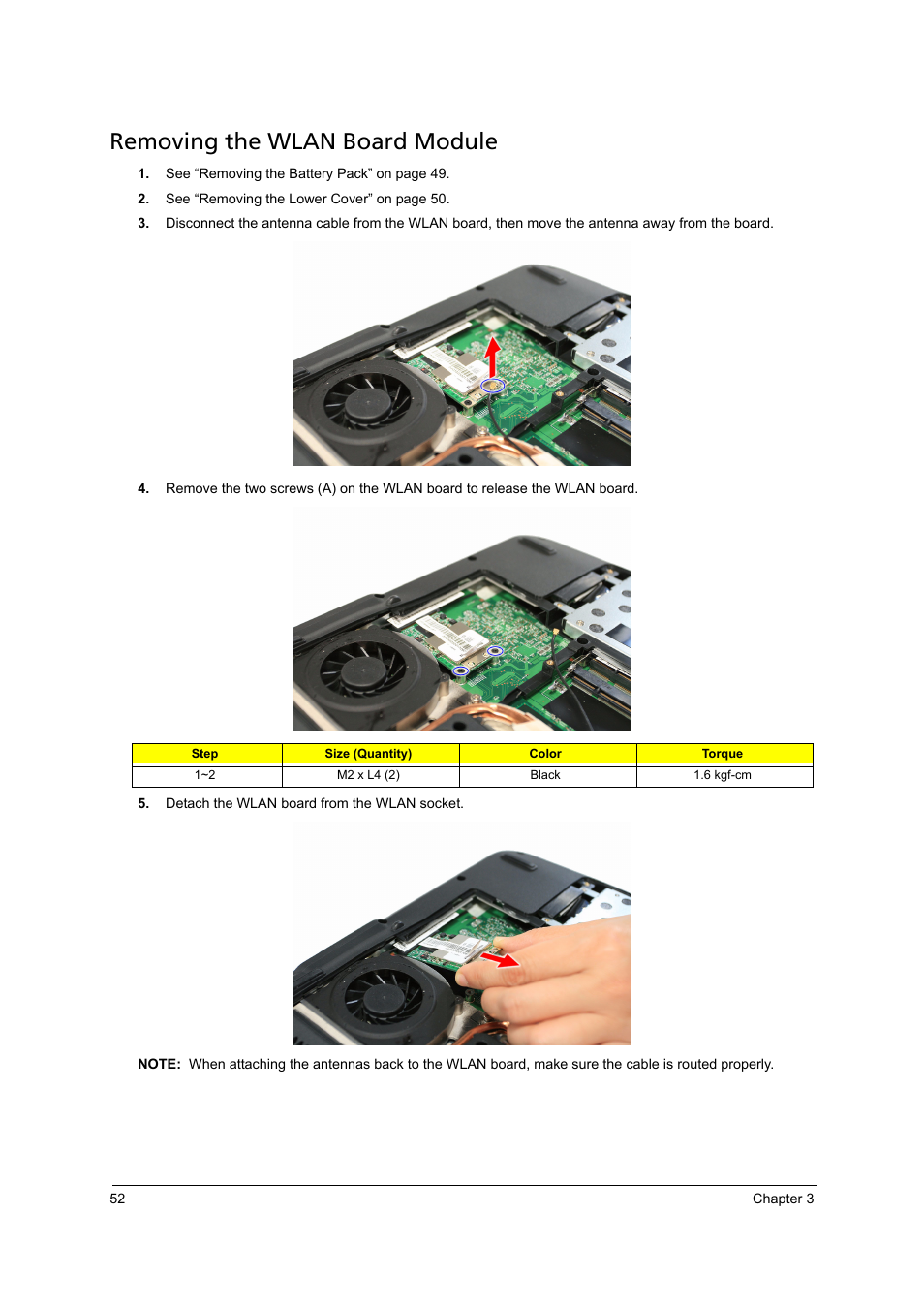 Removing the wlan board module | Acer 4715Z User Manual | Page 62 / 154