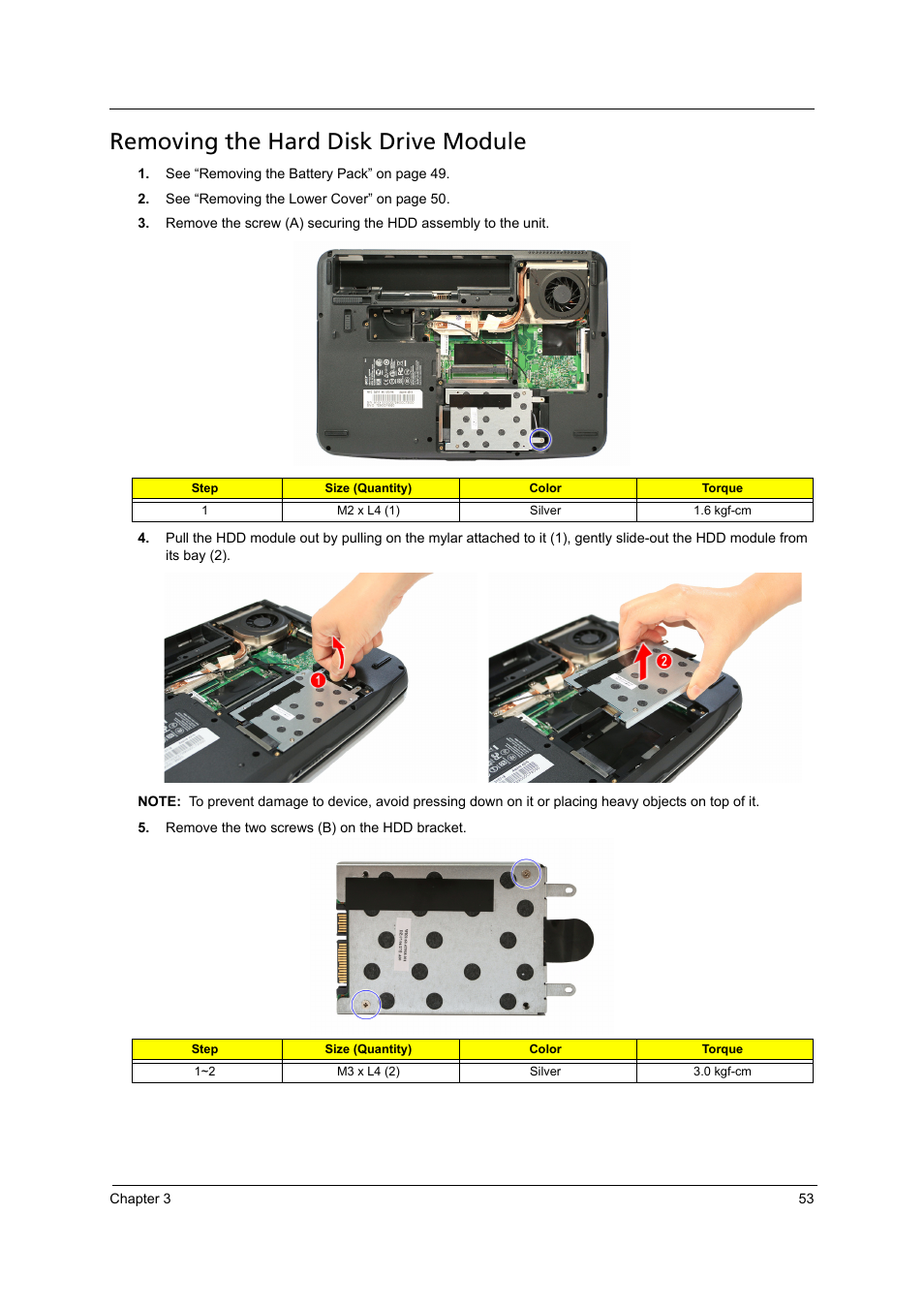 Removing the hard disk drive module | Acer 4715Z User Manual | Page 63 / 154