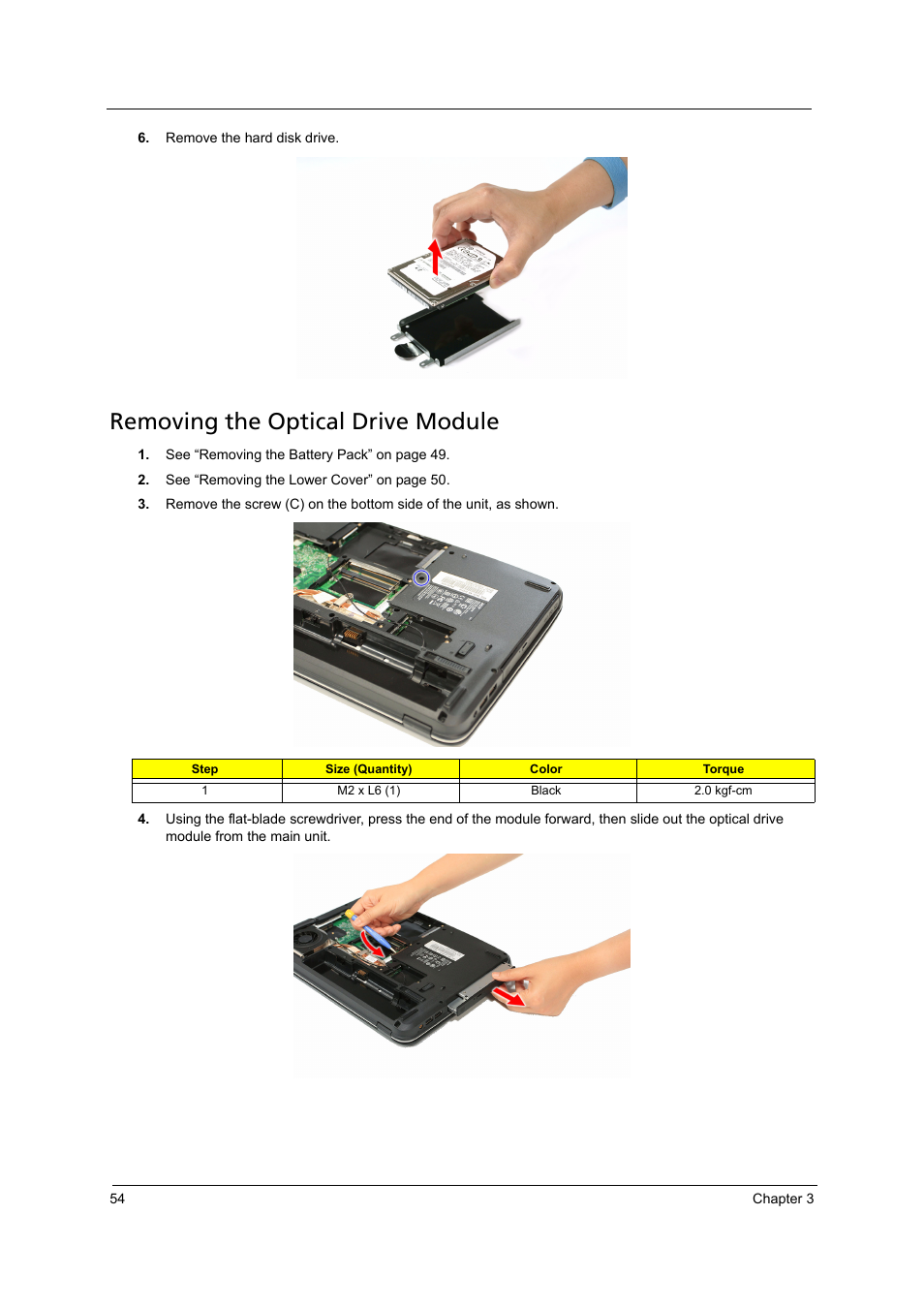 Removing the optical drive module | Acer 4715Z User Manual | Page 64 / 154