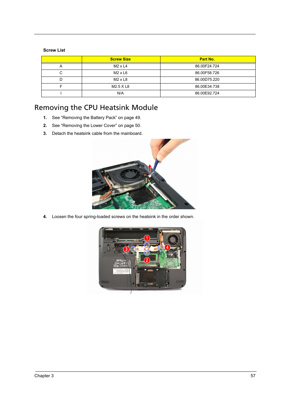 Removing the cpu heatsink module | Acer 4715Z User Manual | Page 67 / 154