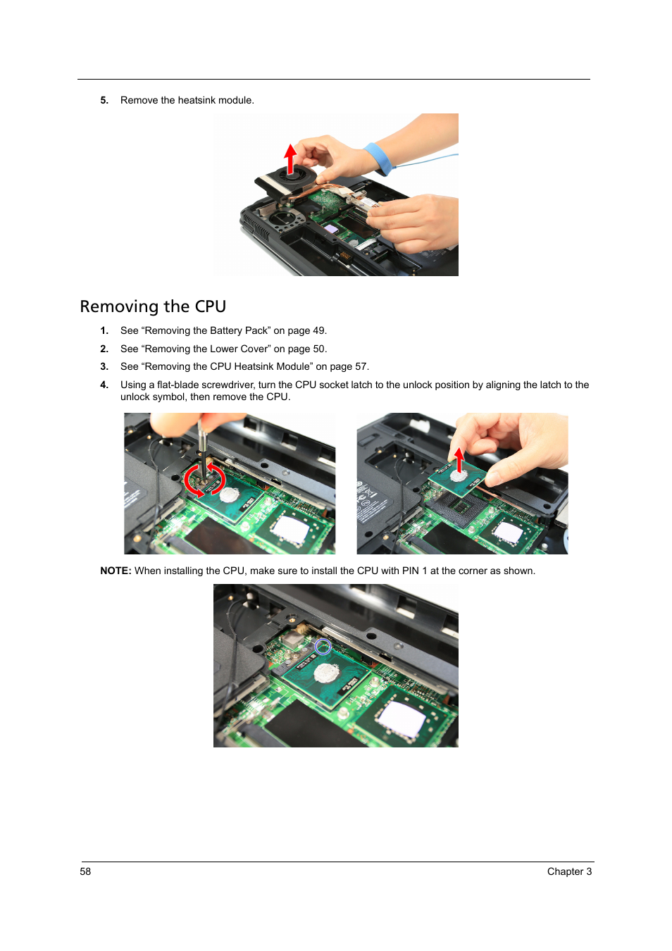 Removing the cpu | Acer 4715Z User Manual | Page 68 / 154