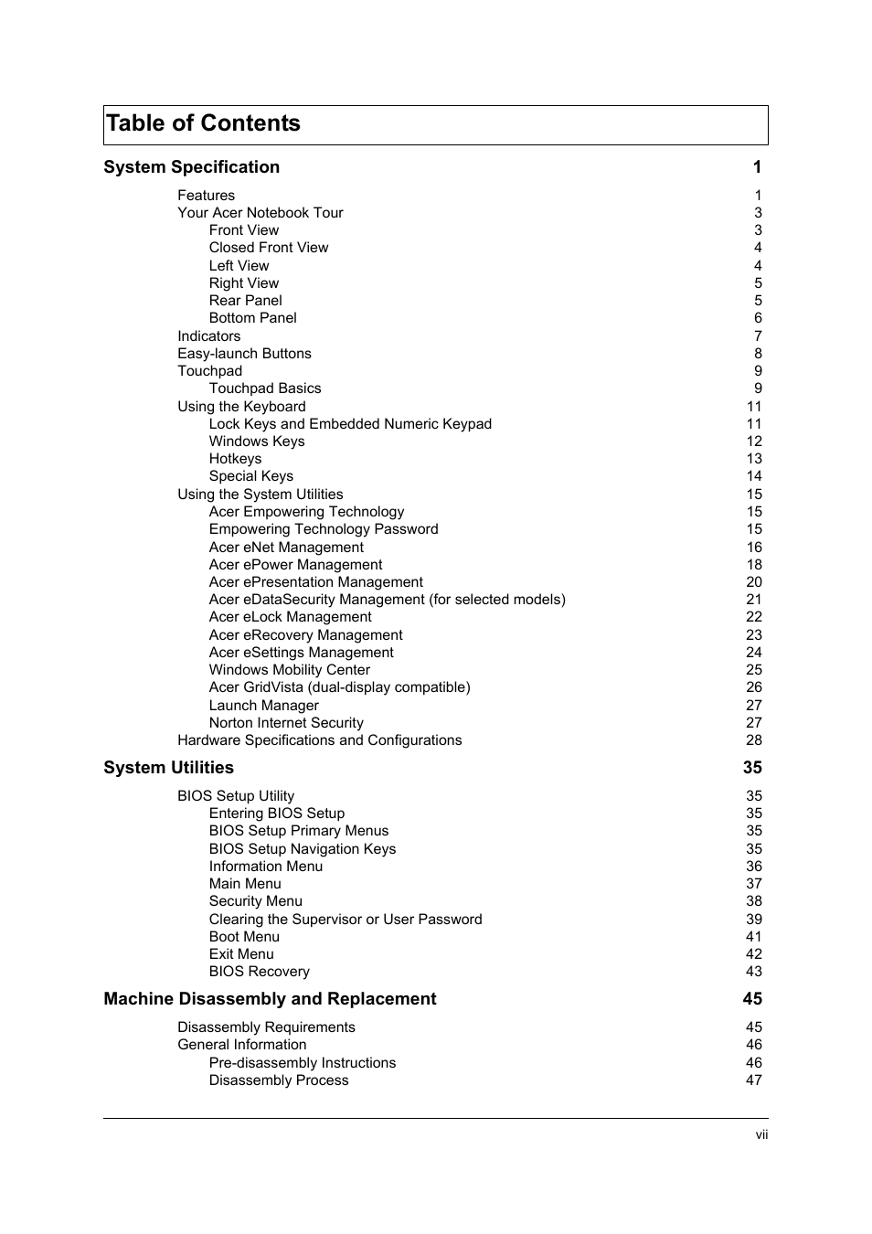 Acer 4715Z User Manual | Page 7 / 154