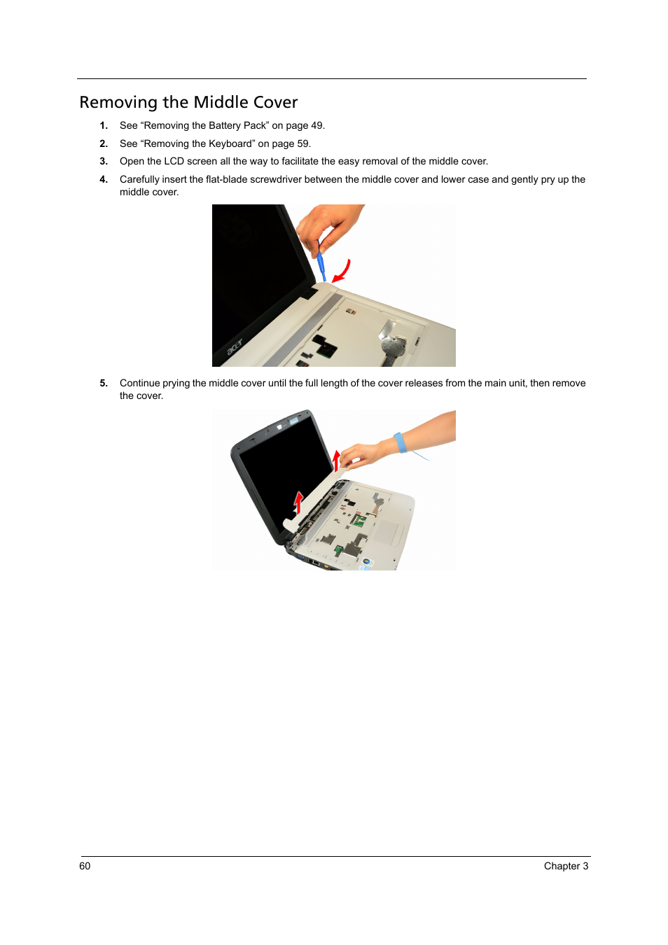 Removing the middle cover | Acer 4715Z User Manual | Page 70 / 154