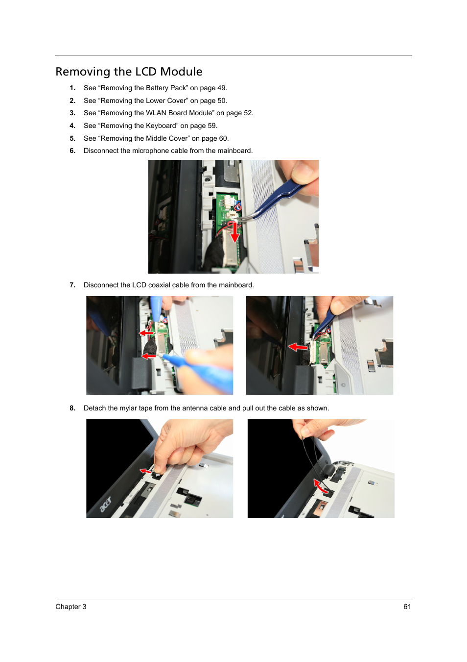 Removing the lcd module | Acer 4715Z User Manual | Page 71 / 154