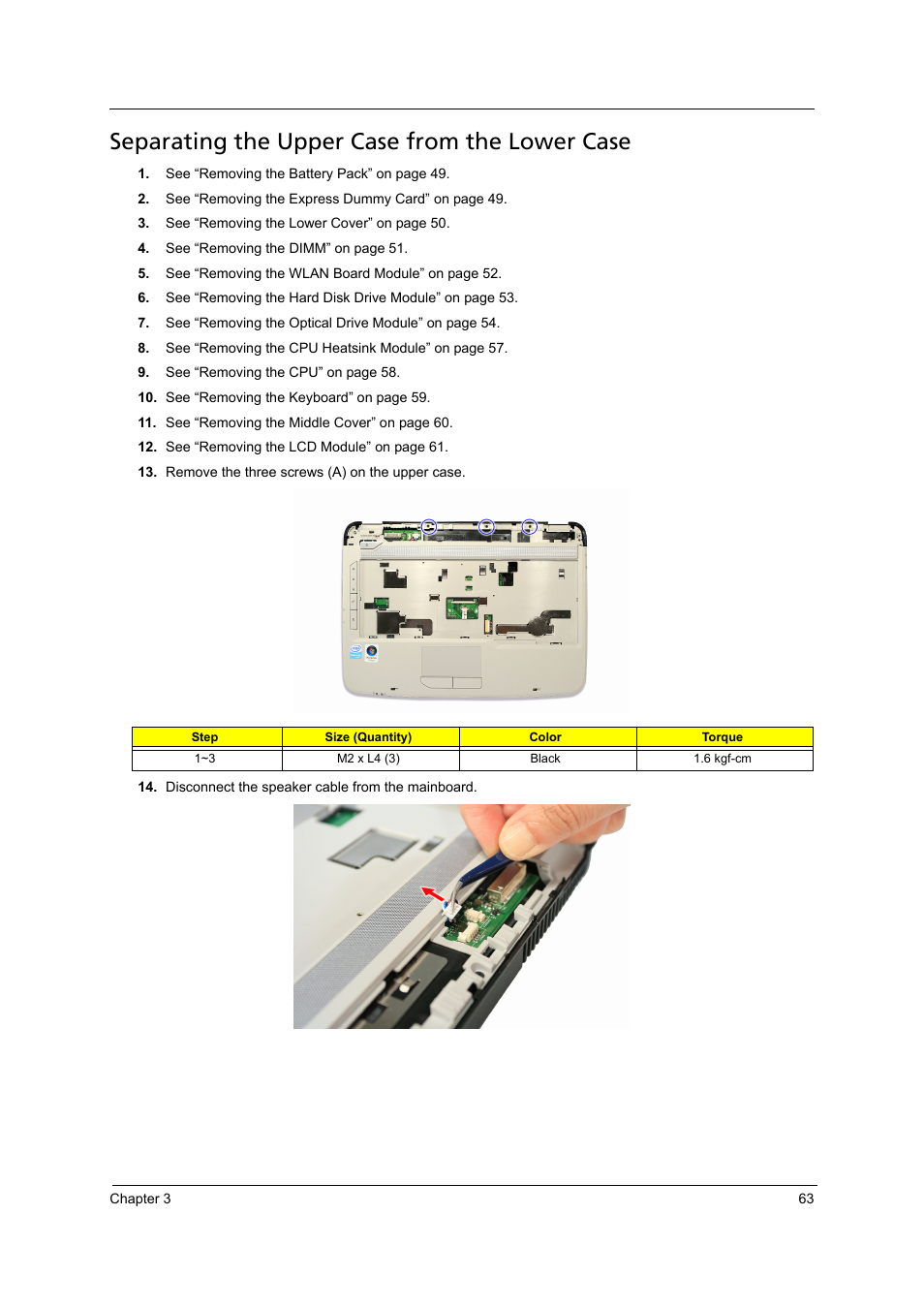 Separating the upper case from the lower case | Acer 4715Z User Manual | Page 73 / 154