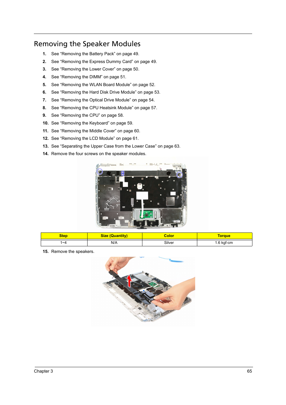 Removing the speaker modules | Acer 4715Z User Manual | Page 75 / 154