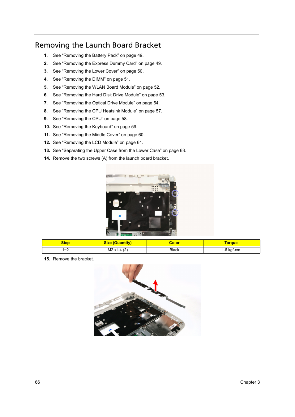 Removing the launch board bracket | Acer 4715Z User Manual | Page 76 / 154