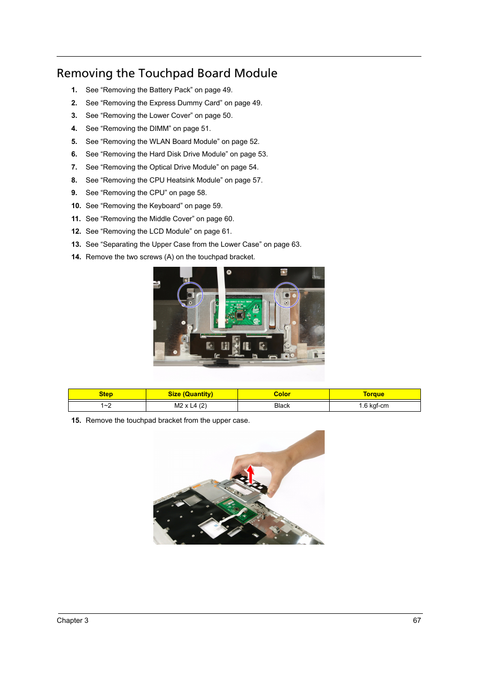 Removing the touchpad board module | Acer 4715Z User Manual | Page 77 / 154