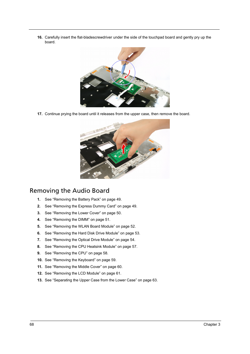 Removing the audio board | Acer 4715Z User Manual | Page 78 / 154