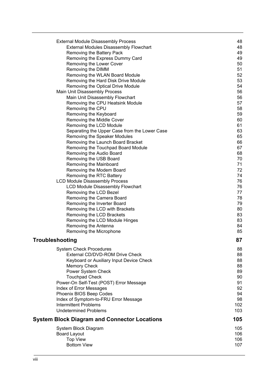 Troubleshooting 87, System block diagram and connector locations 105 | Acer 4715Z User Manual | Page 8 / 154