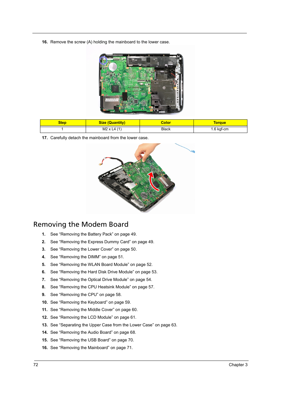 Removing the modem board | Acer 4715Z User Manual | Page 82 / 154