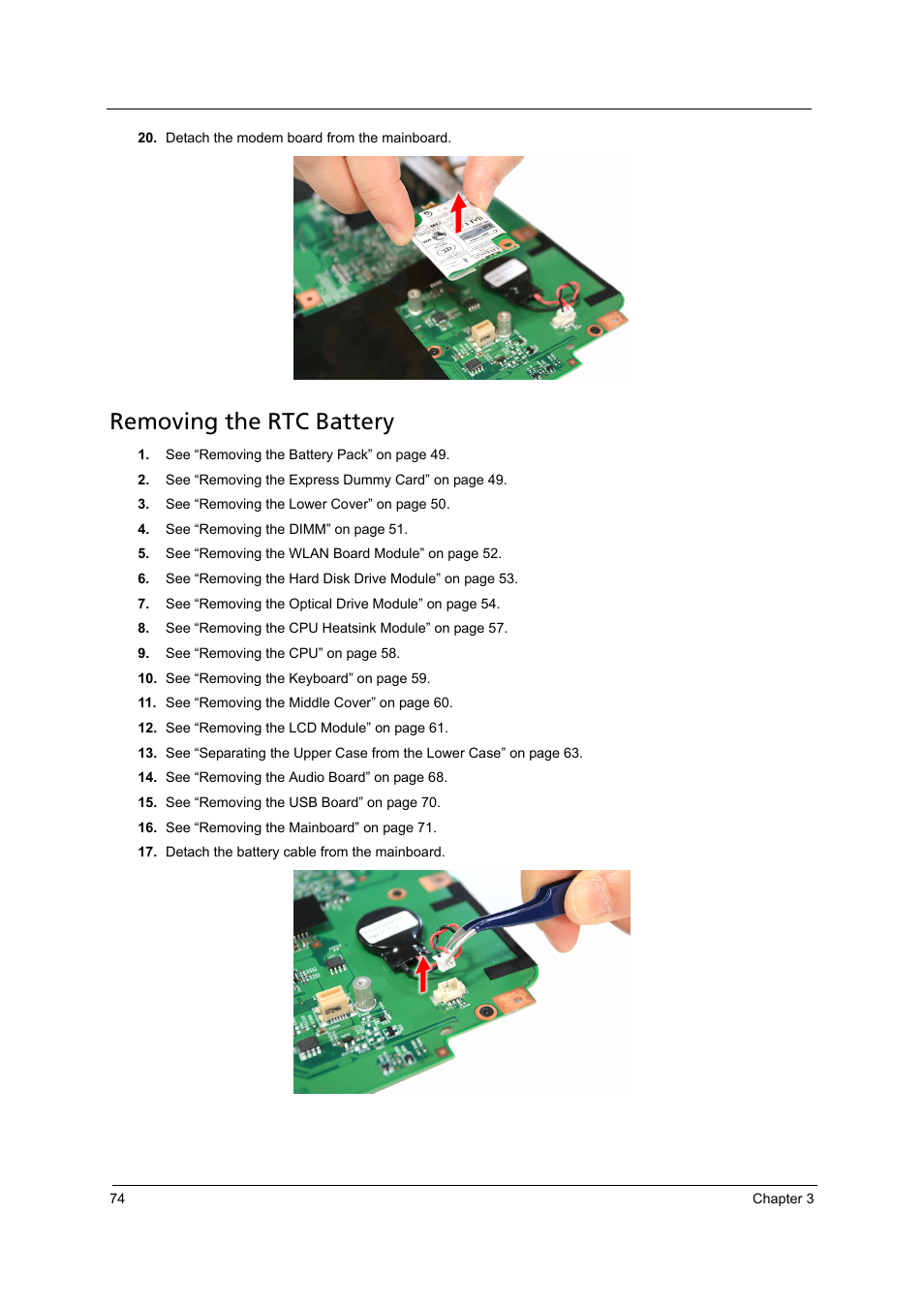 Removing the rtc battery | Acer 4715Z User Manual | Page 84 / 154