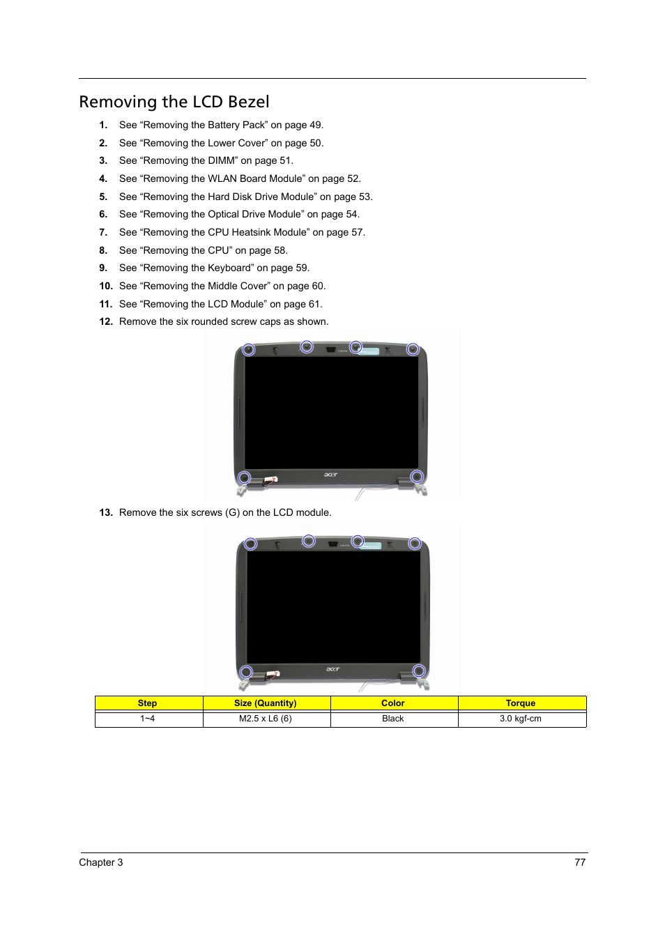 Removing the lcd bezel | Acer 4715Z User Manual | Page 87 / 154