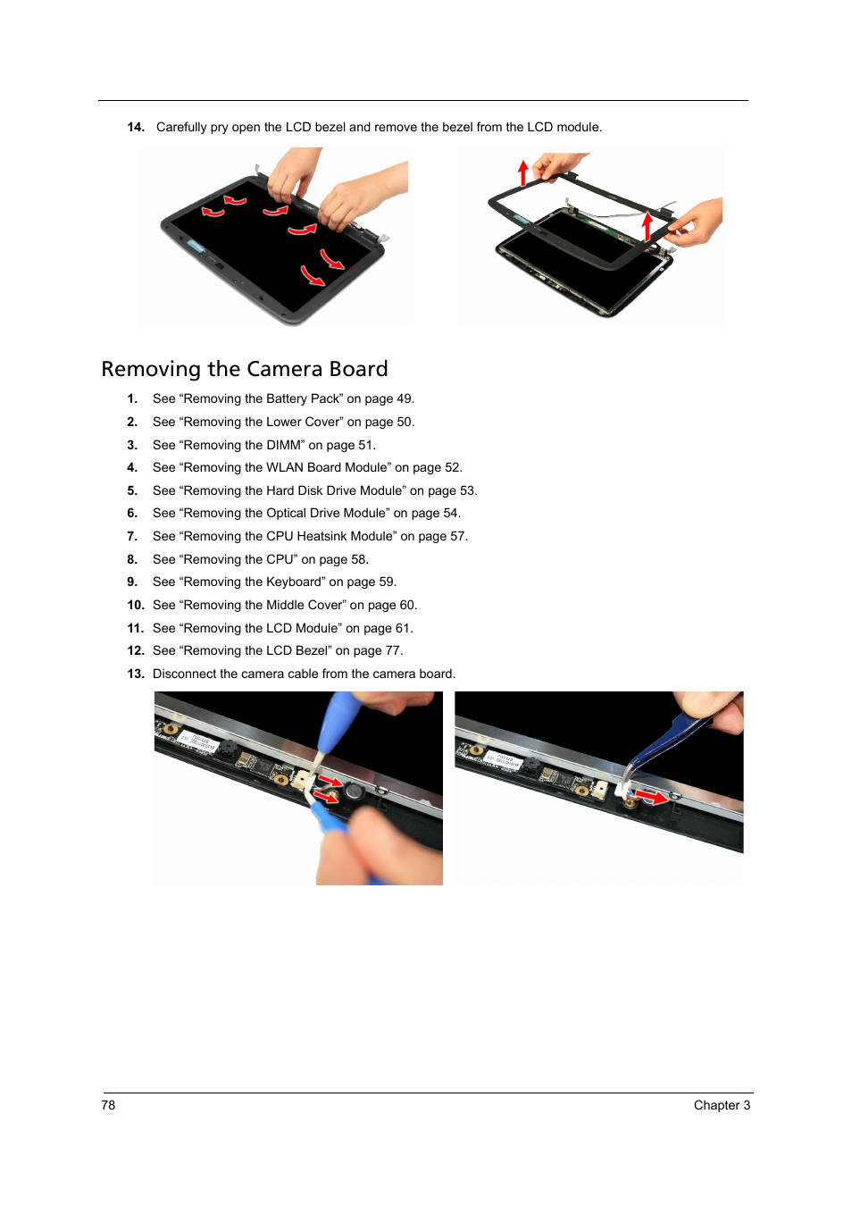 Removing the camera board | Acer 4715Z User Manual | Page 88 / 154