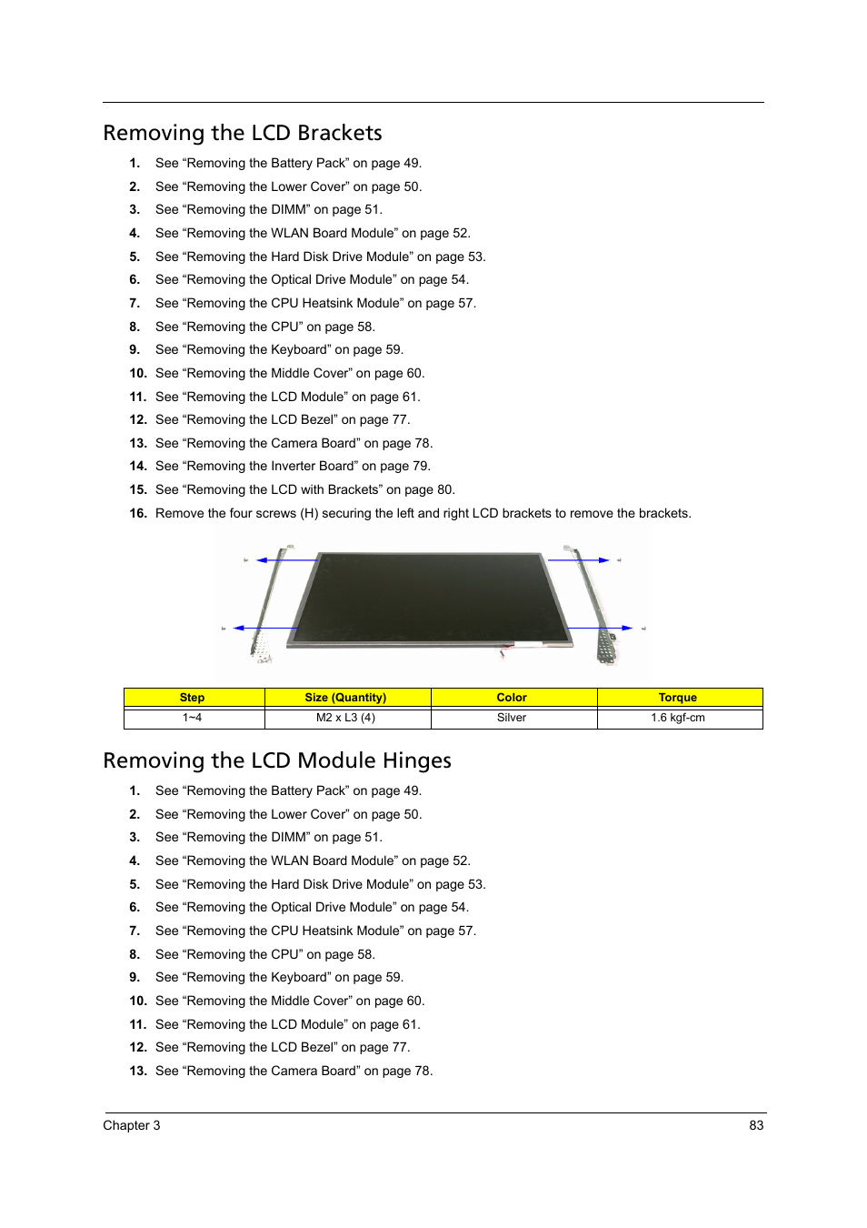 Removing the lcd brackets, Removing the lcd module hinges | Acer 4715Z User Manual | Page 93 / 154