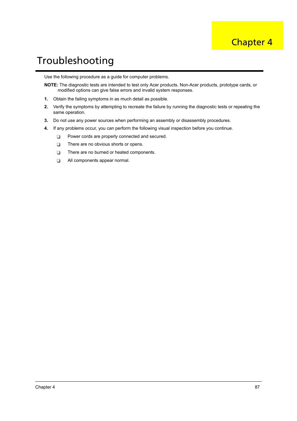 Troubleshooting, Troubleshooting 87, Chapter 4 | Acer 4715Z User Manual | Page 97 / 154