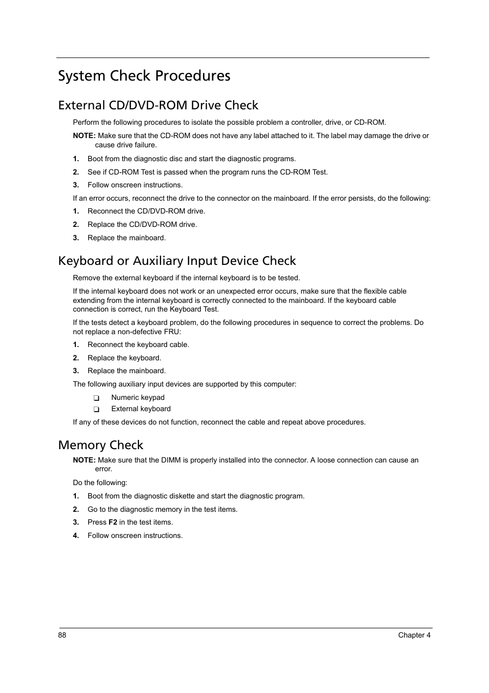 System check procedures, External cd/dvd-rom drive check, Keyboard or auxiliary input device check | Memory check | Acer 4715Z User Manual | Page 98 / 154