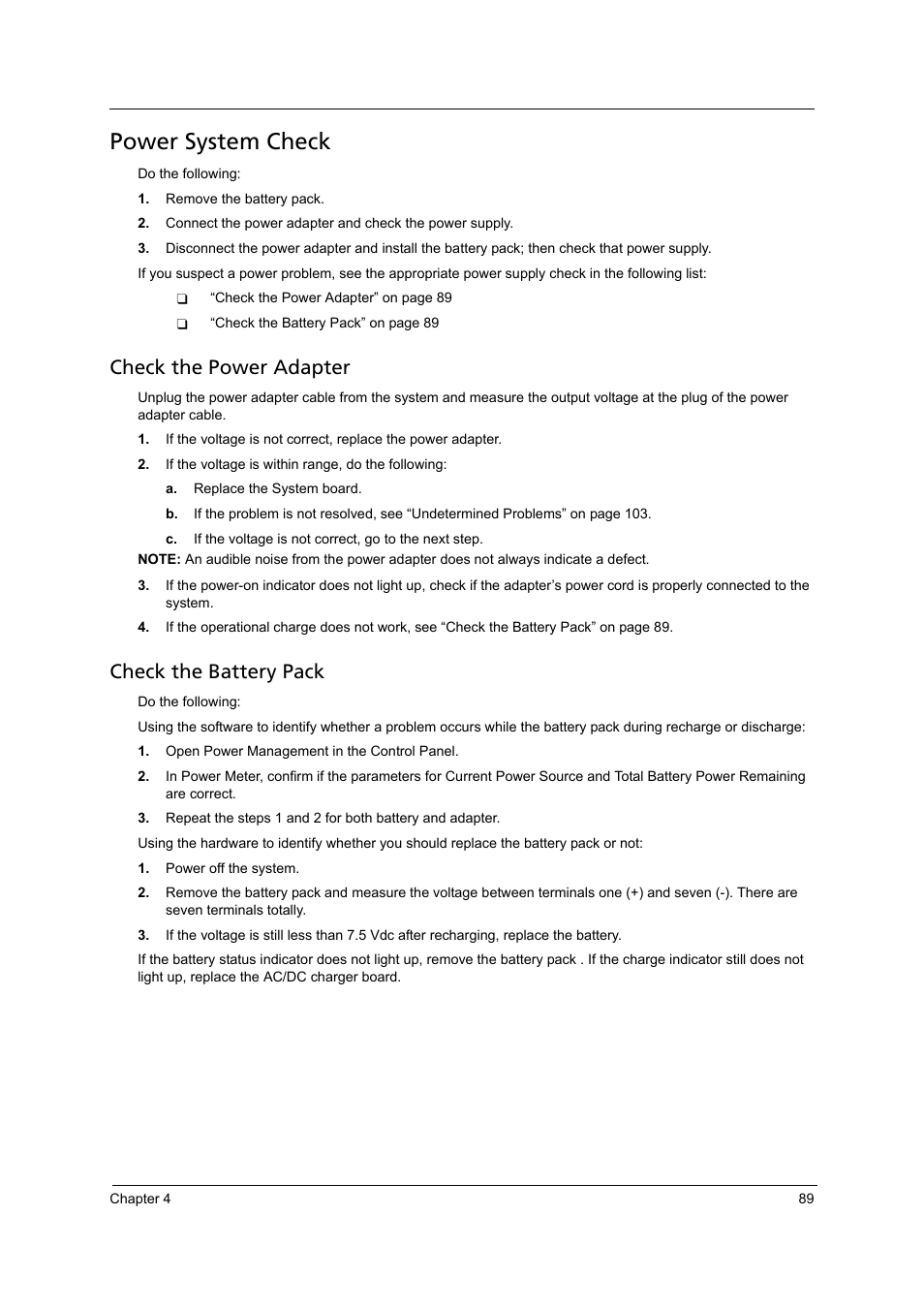 Power system check, Check the power adapter, Check the battery pack | Acer 4715Z User Manual | Page 99 / 154