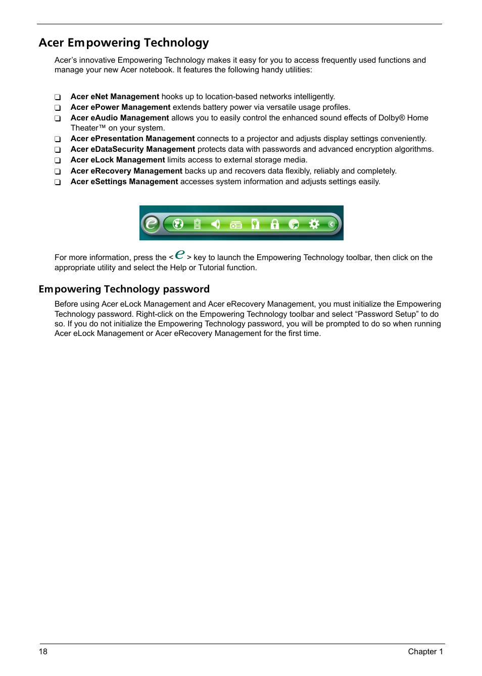 Acer empowering technology, Empowering technology password, Em powering technology password | Acer 4720Z User Manual | Page 24 / 102