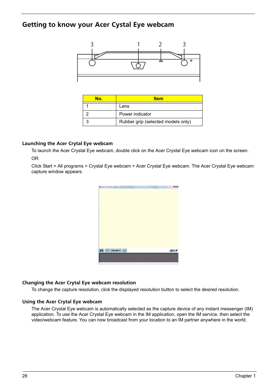 Getting to know your acer cystal eye webcam | Acer 4720Z User Manual | Page 34 / 102