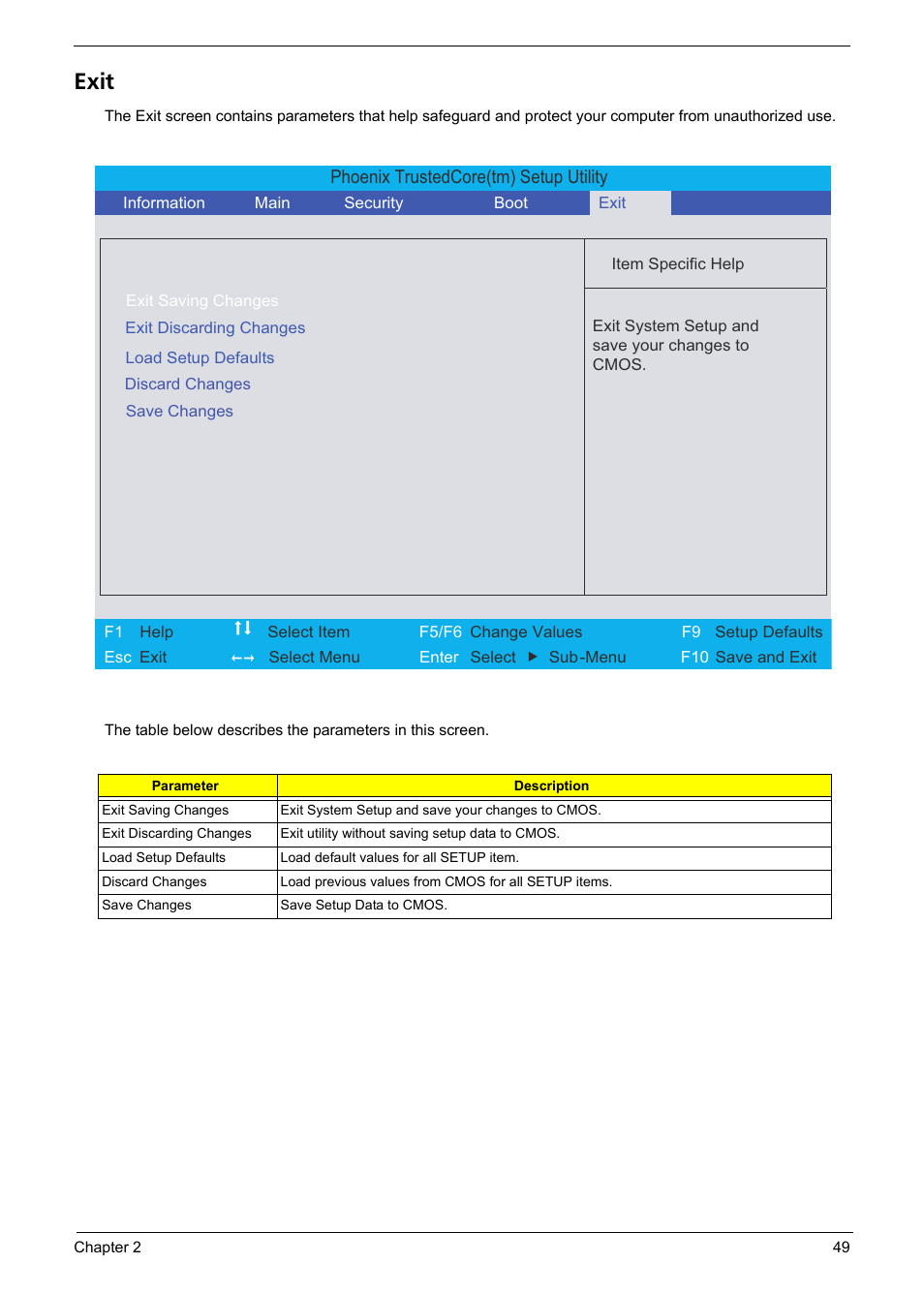 Exit, Phoenix trustedcore(tm) setup utility | Acer 4720Z User Manual | Page 55 / 102