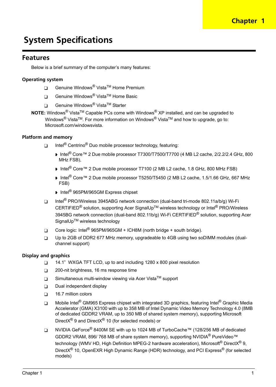 System specifications, Features, Chapter 1 | Acer 4720Z User Manual | Page 7 / 102