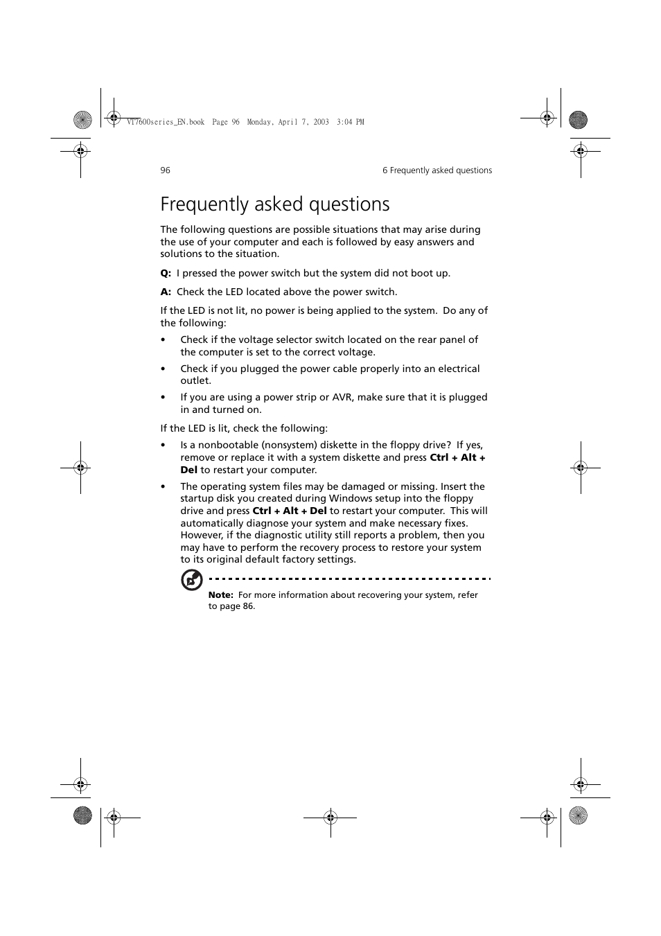 Frequently asked questions | Acer 7600 series User Manual | Page 102 / 116