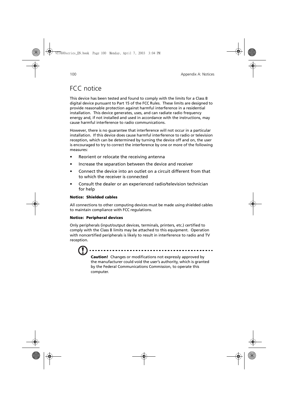 Fcc notice | Acer 7600 series User Manual | Page 106 / 116