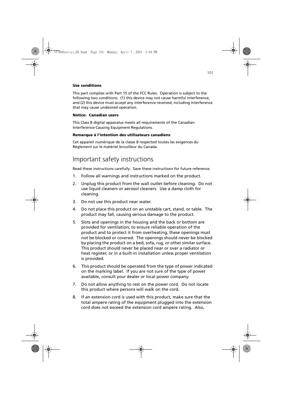 Important safety instructions | Acer 7600 series User Manual | Page 107 / 116