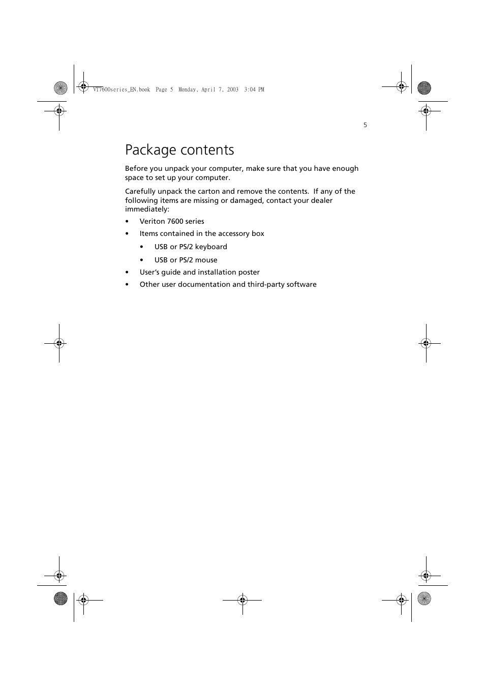 Package contents | Acer 7600 series User Manual | Page 11 / 116