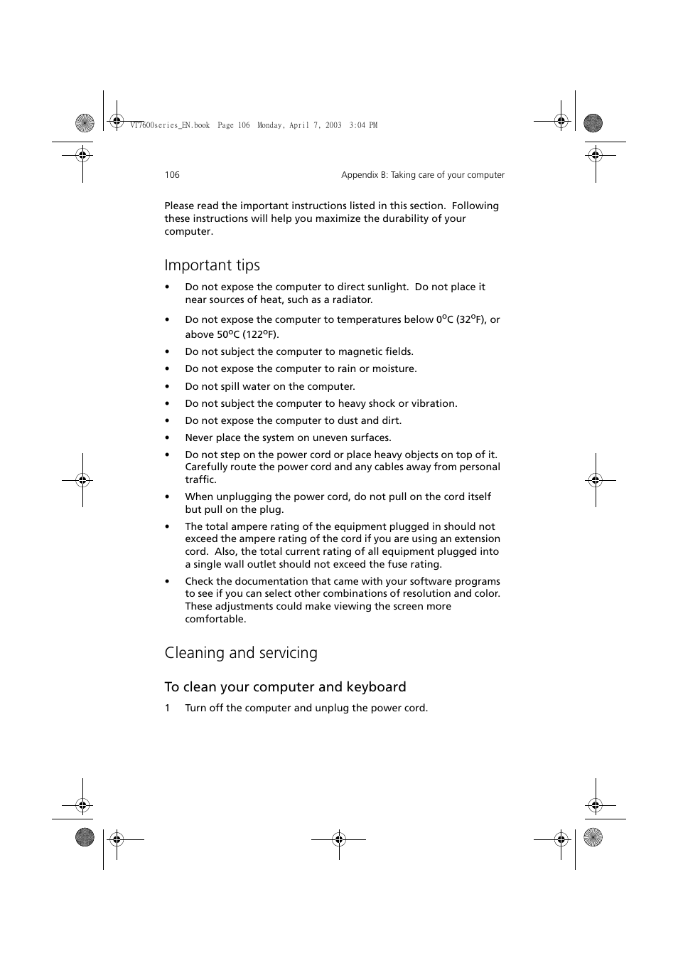 Important tips, Cleaning and servicing | Acer 7600 series User Manual | Page 112 / 116