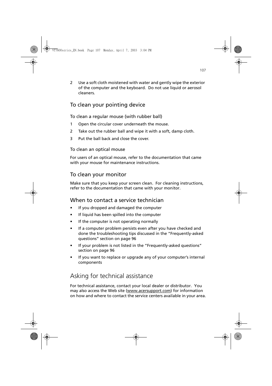 Asking for technical assistance, When to contact a service technician | Acer 7600 series User Manual | Page 113 / 116