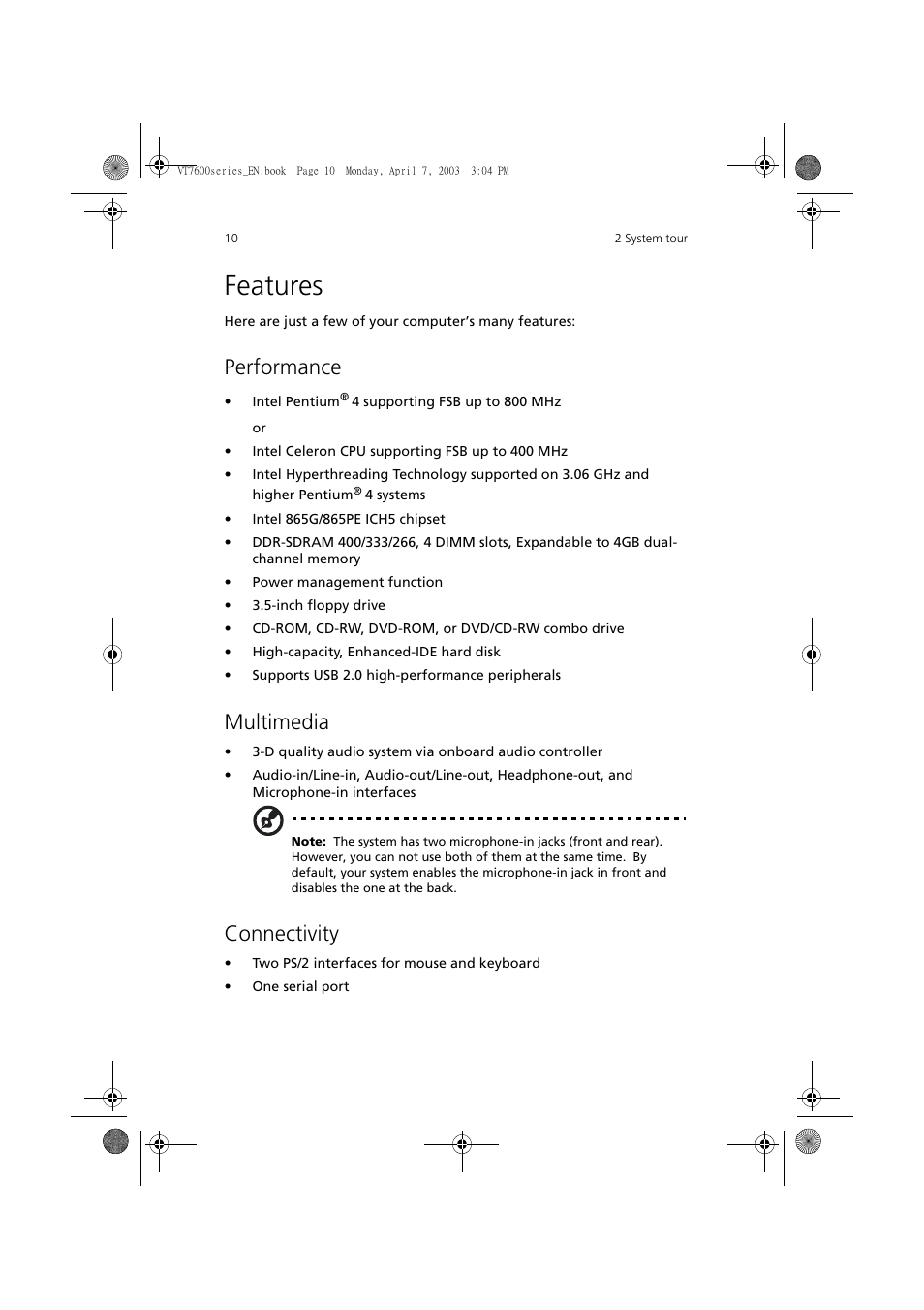 Features, Performance, Multimedia | Connectivity | Acer 7600 series User Manual | Page 16 / 116
