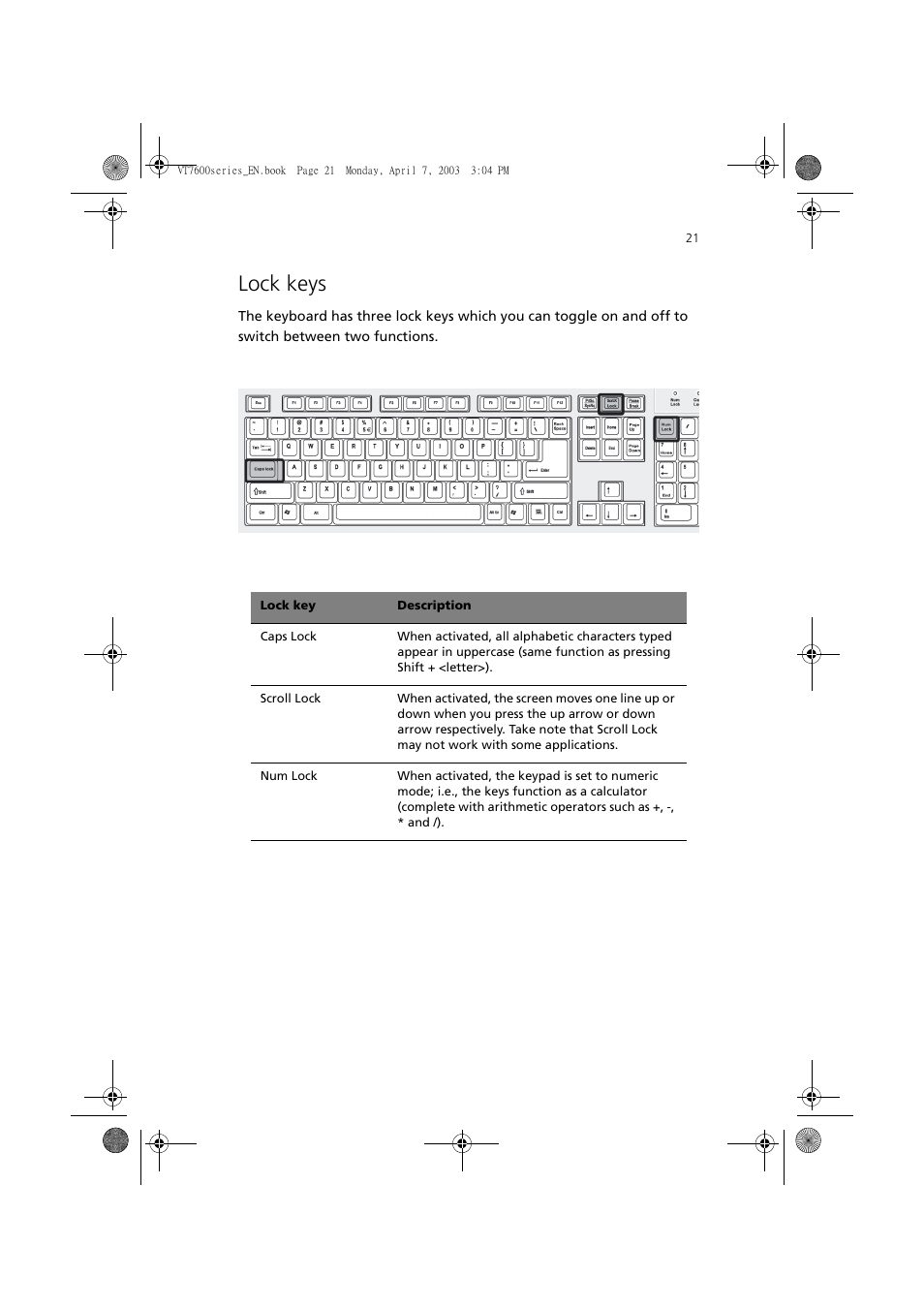 Lock keys | Acer 7600 series User Manual | Page 27 / 116