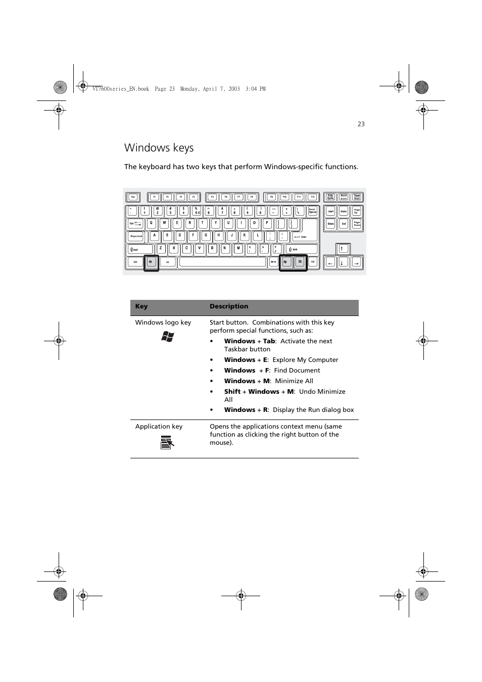 Windows keys | Acer 7600 series User Manual | Page 29 / 116
