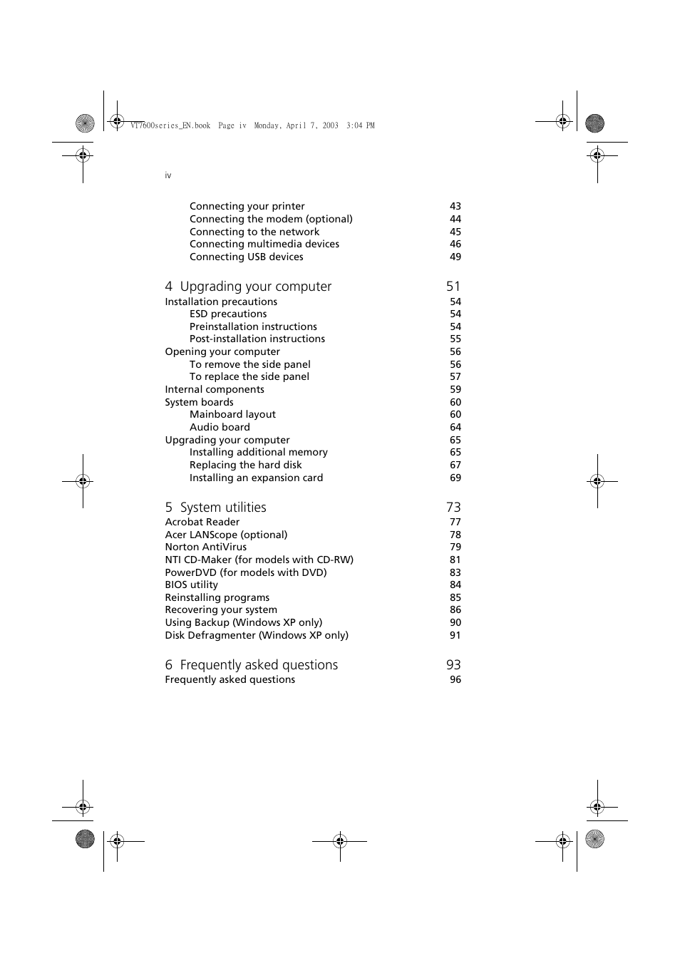 4 upgrading your computer 51, 5 system utilities 73, 6 frequently asked questions 93 | Acer 7600 series User Manual | Page 4 / 116