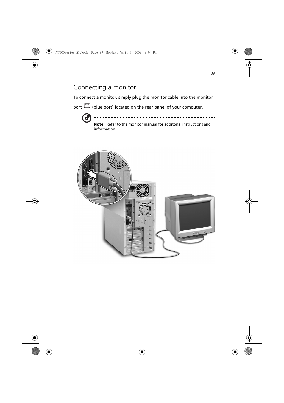 Connecting a monitor | Acer 7600 series User Manual | Page 45 / 116