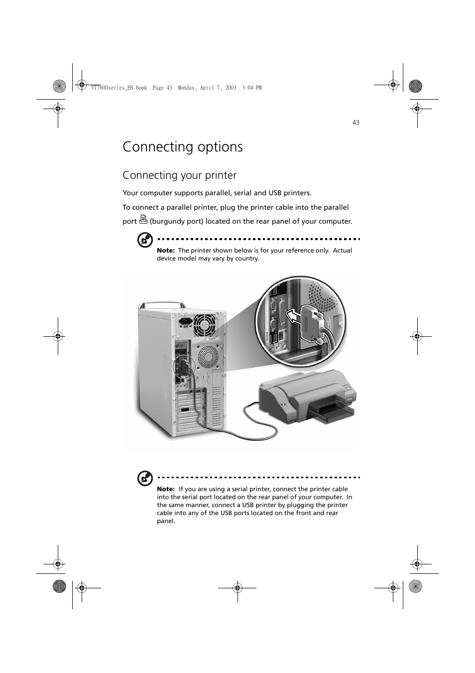 Connecting options, Connecting your printer | Acer 7600 series User Manual | Page 49 / 116