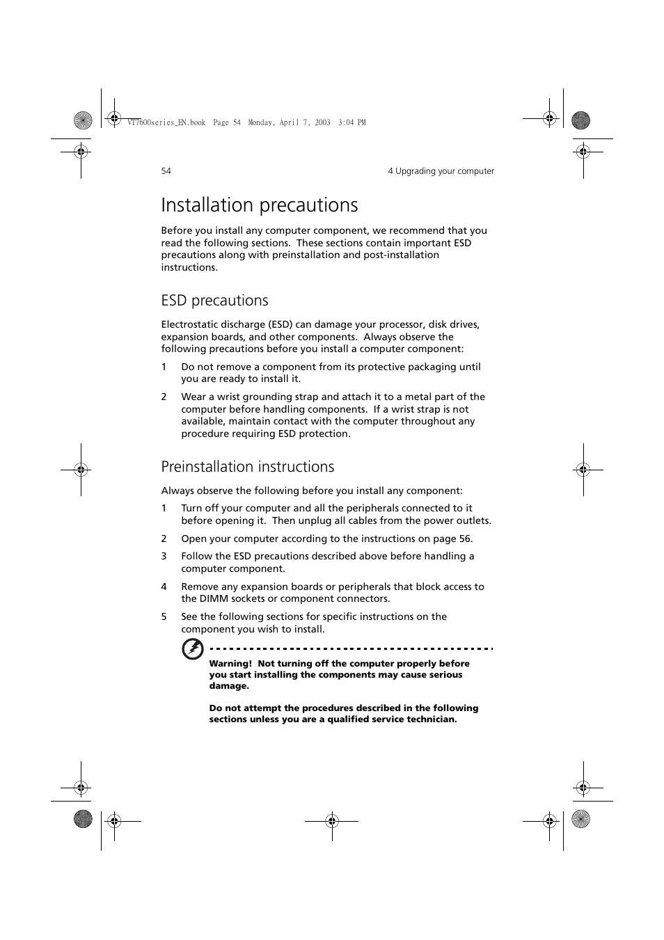 Installation precautions, Esd precautions, Preinstallation instructions | Acer 7600 series User Manual | Page 60 / 116