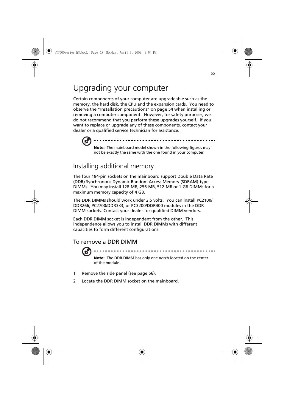 Upgrading your computer, Installing additional memory | Acer 7600 series User Manual | Page 71 / 116