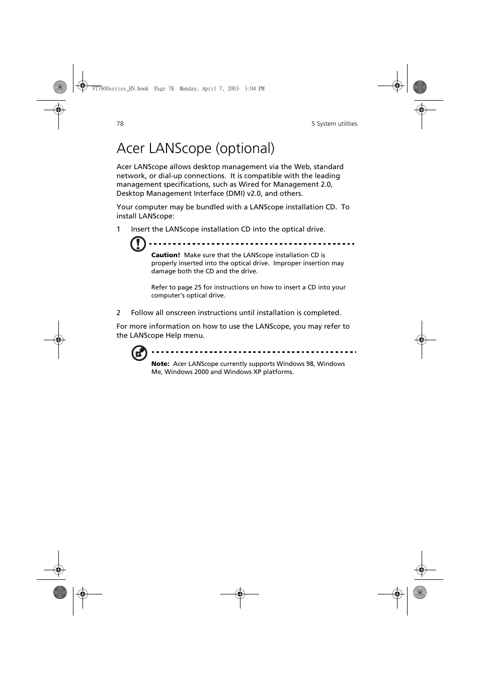 Acer lanscope (optional) | Acer 7600 series User Manual | Page 84 / 116
