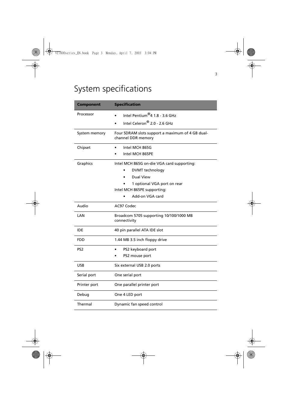 System specifications | Acer 7600 series User Manual | Page 9 / 116