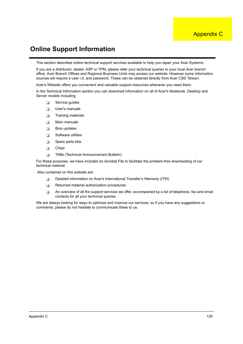 Online support information, Appendix c | Acer 2600 User Manual | Page 124 / 126