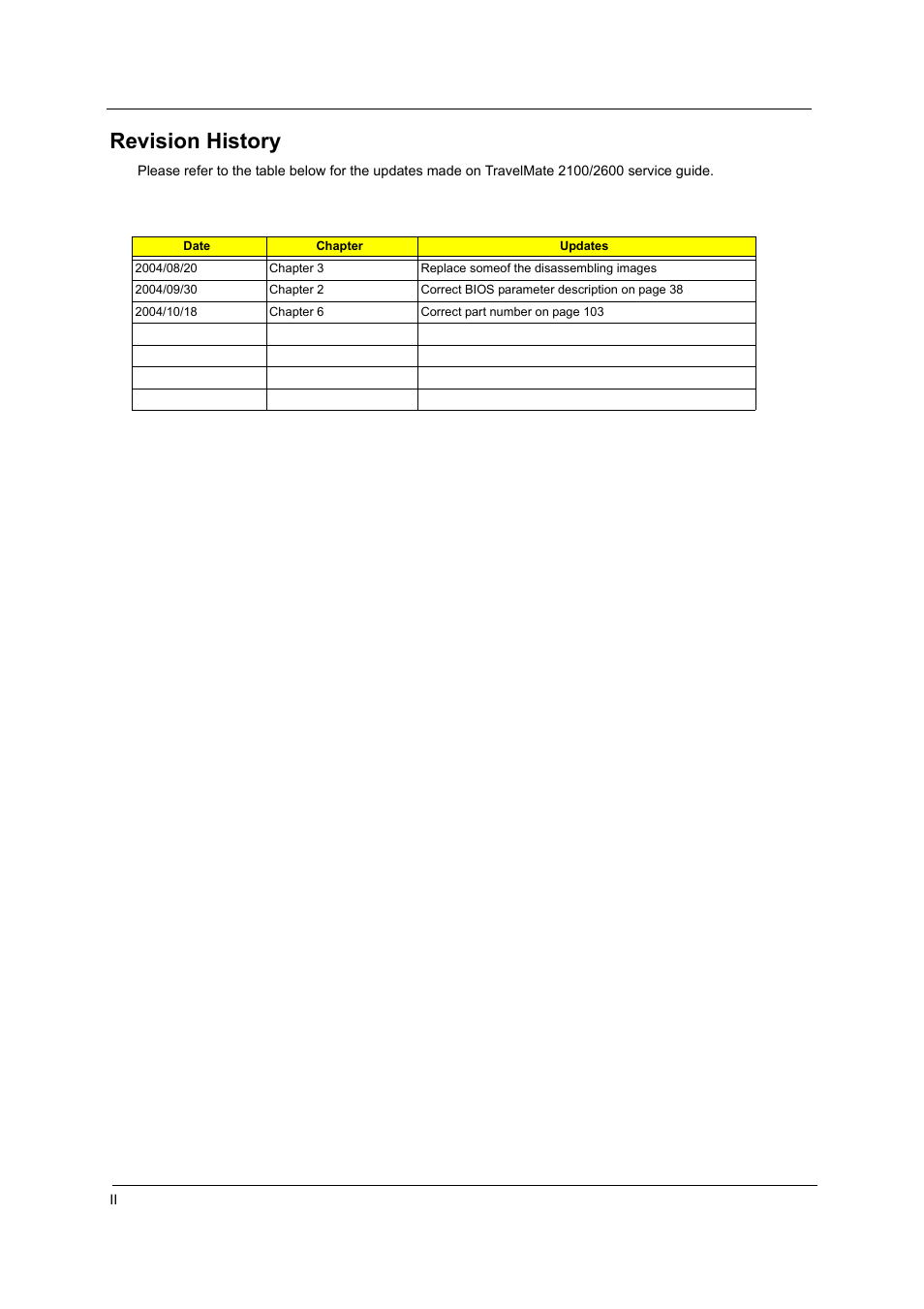 Revision history | Acer 2600 User Manual | Page 2 / 126